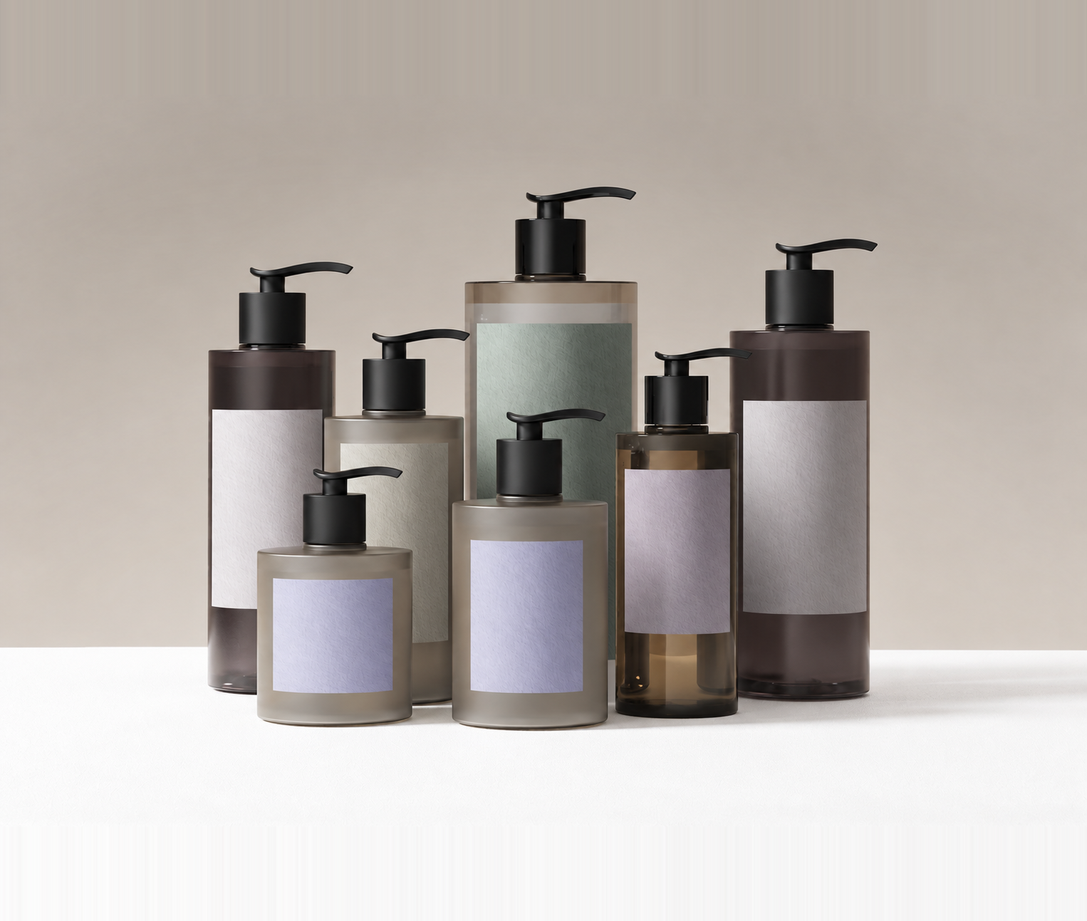 Coordinated cylinder pump bottle series in neutral colours