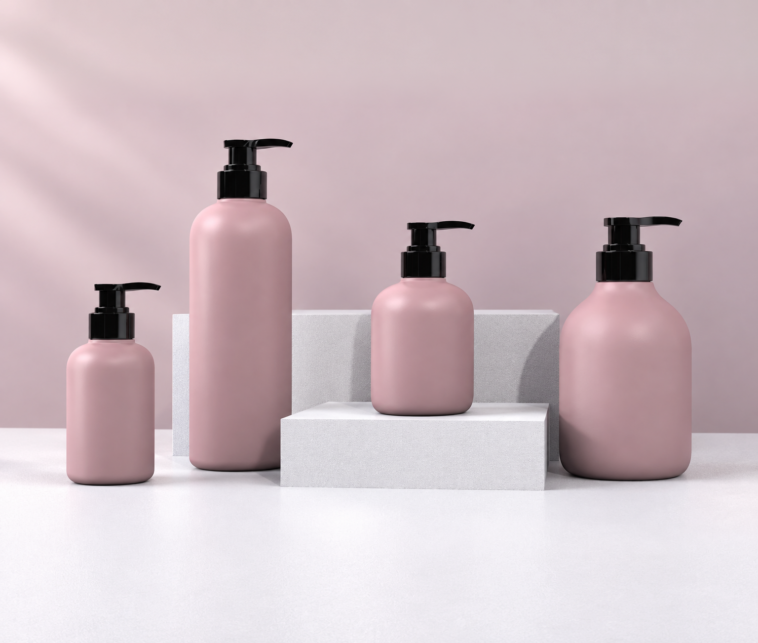 Four dusty pink round shoulder pump bottles in varied sizes