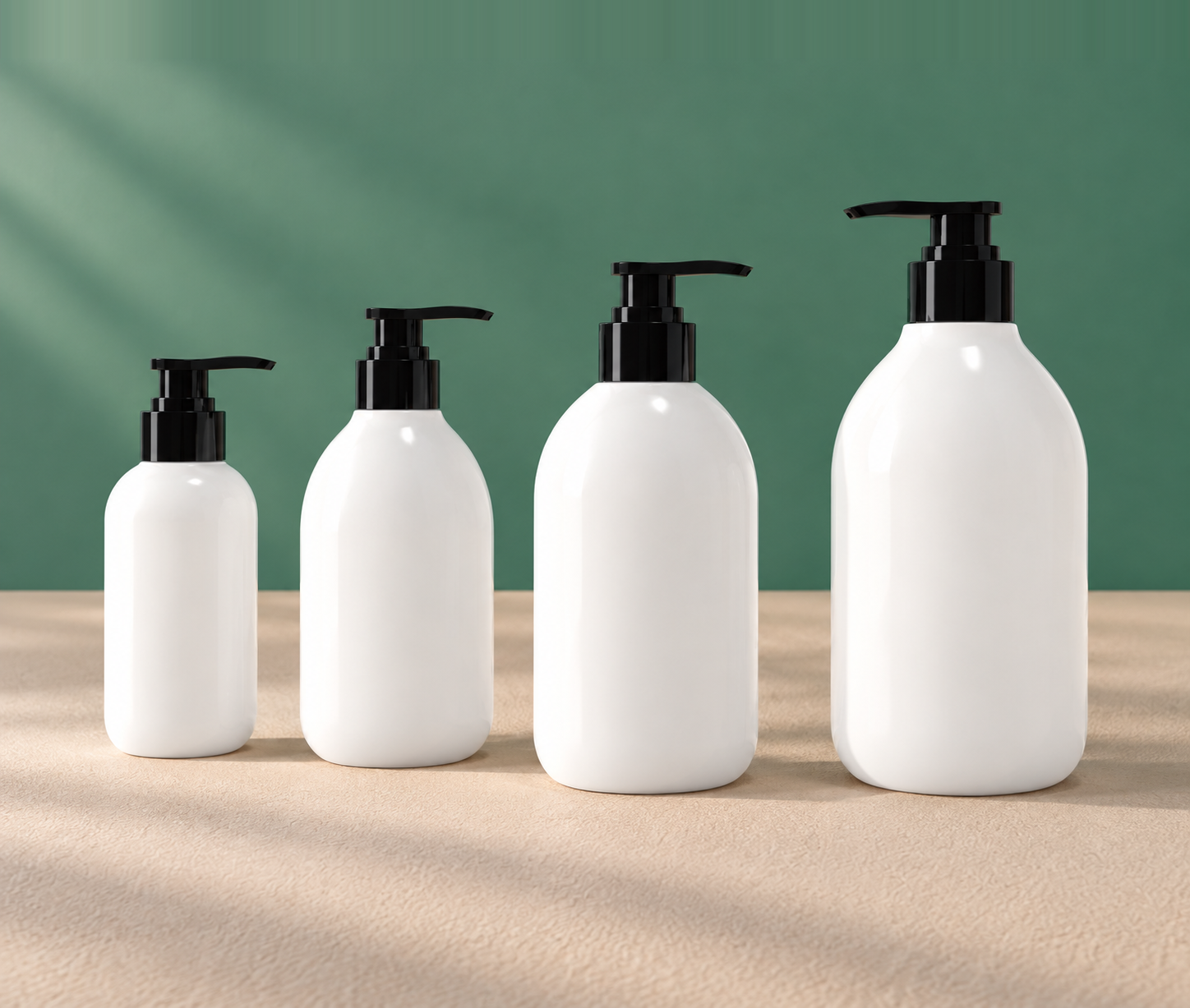Four plain white round shoulder pump bottles in graduated sizes