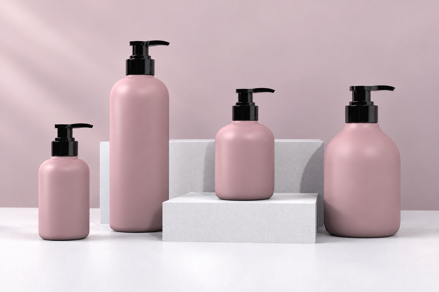 Four dusty pink round shoulder pump bottles in varied sizes
