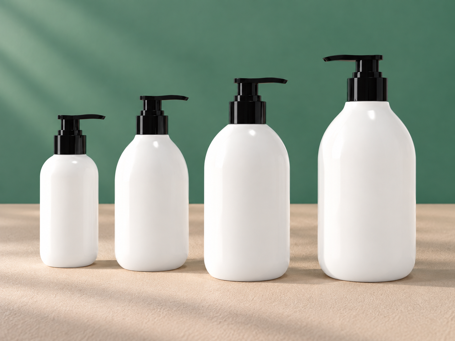 Four plain white round shoulder pump bottles in graduated sizes