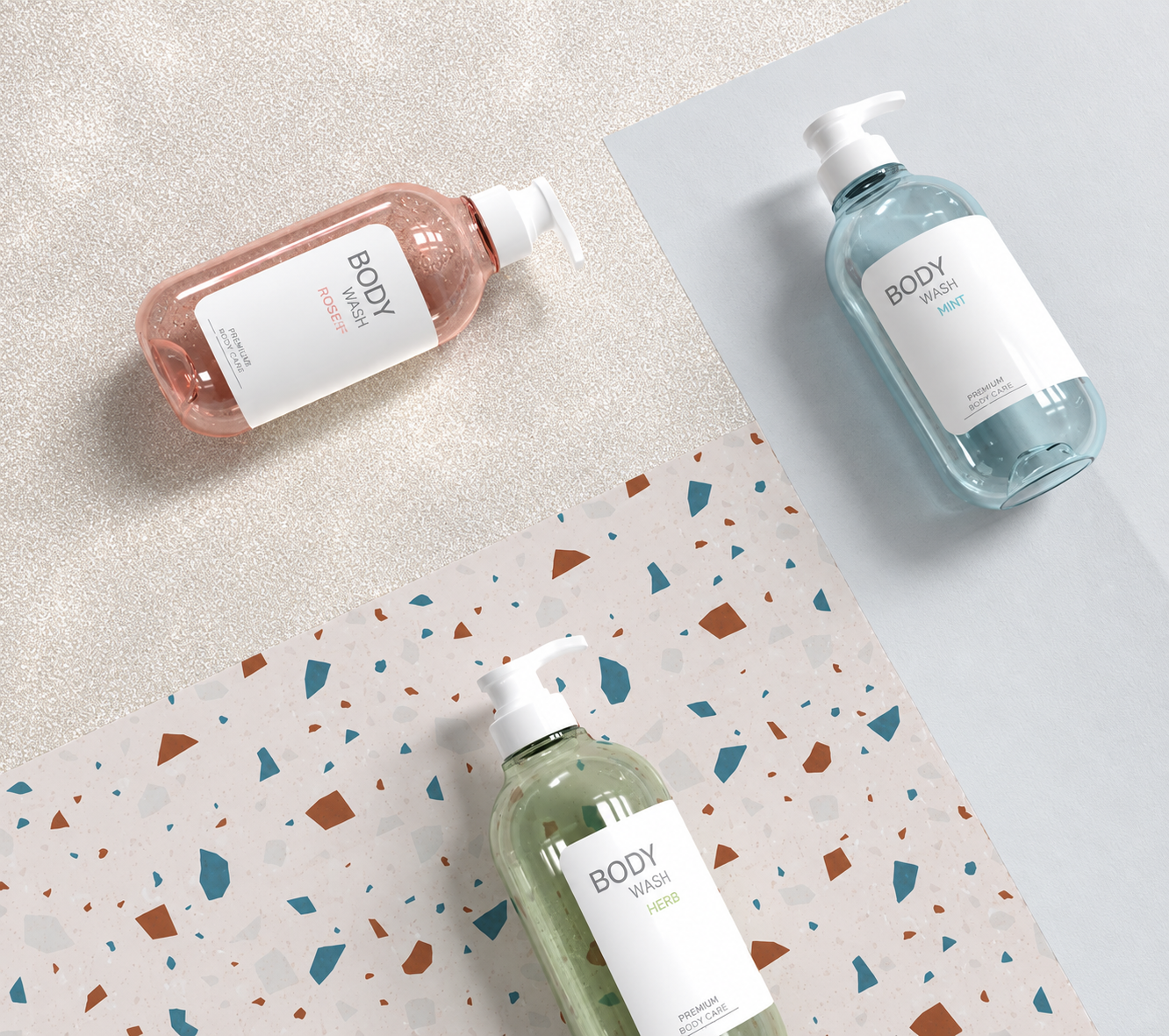 Transparent round shoulder pump bottles in soft pink, blue and green