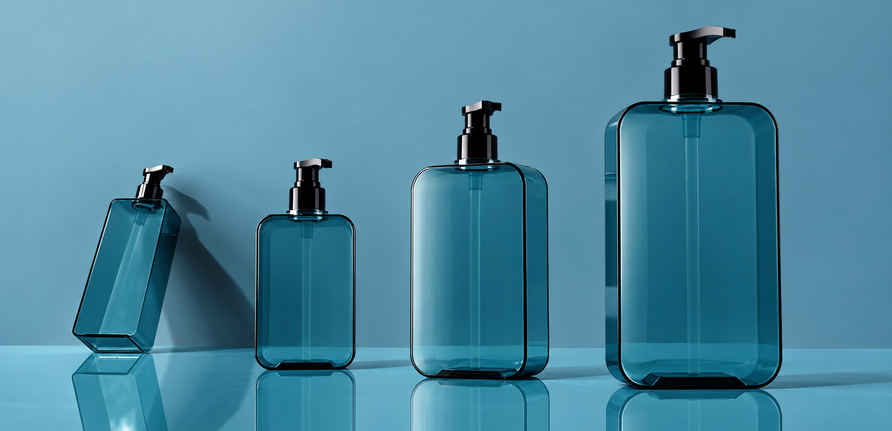 Transparent teal rectangular pump bottles in four sizes