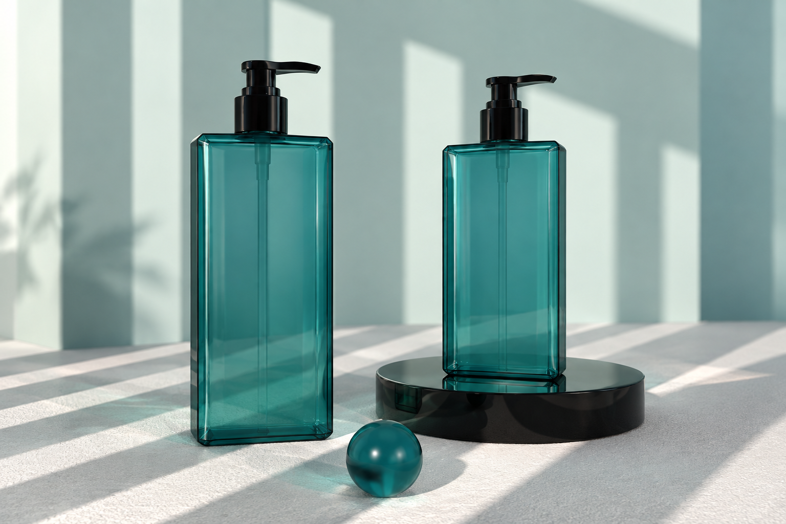 Two transparent teal rectangular pump bottles