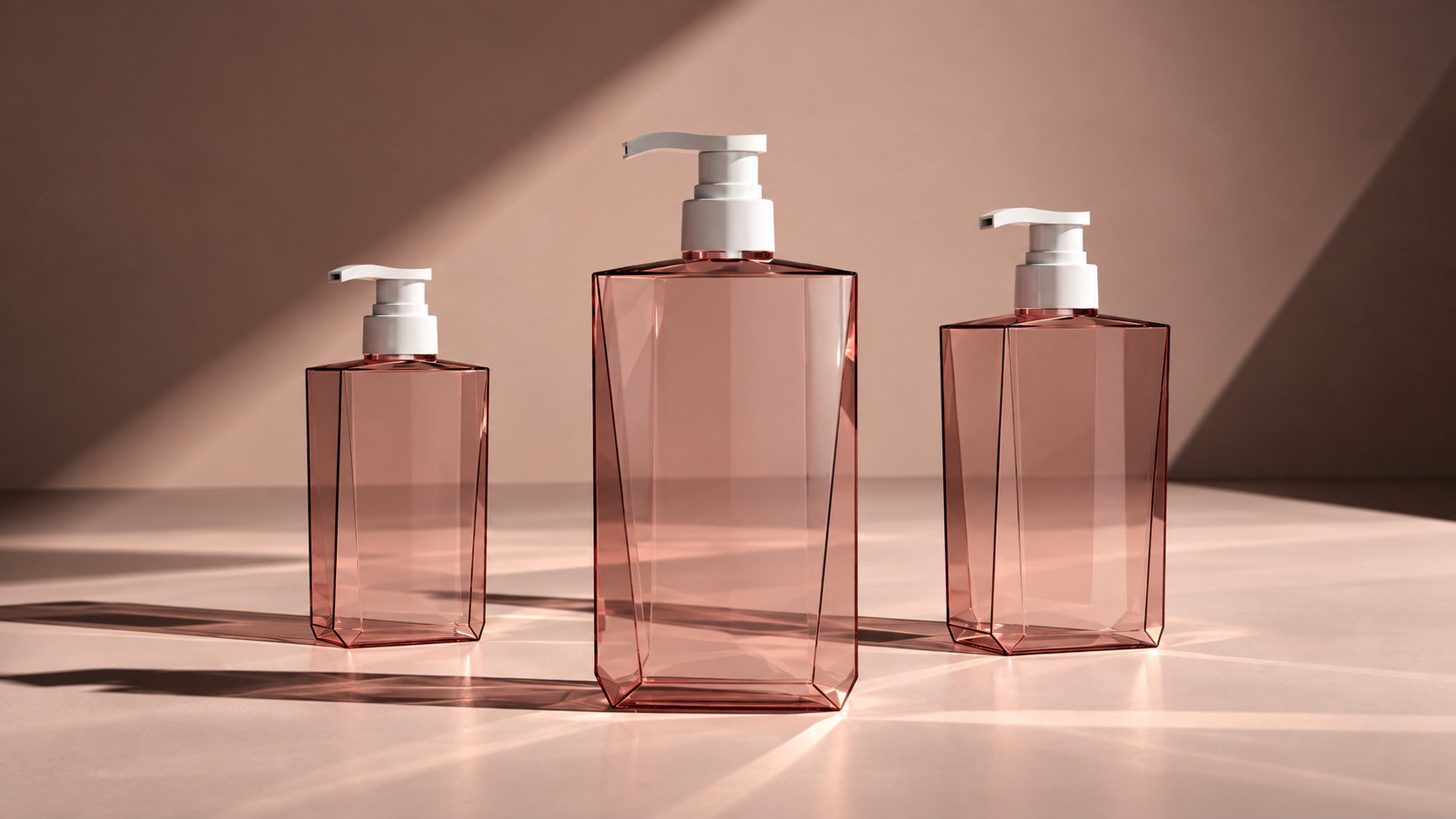 Three transparent blush rectangular pump bottles