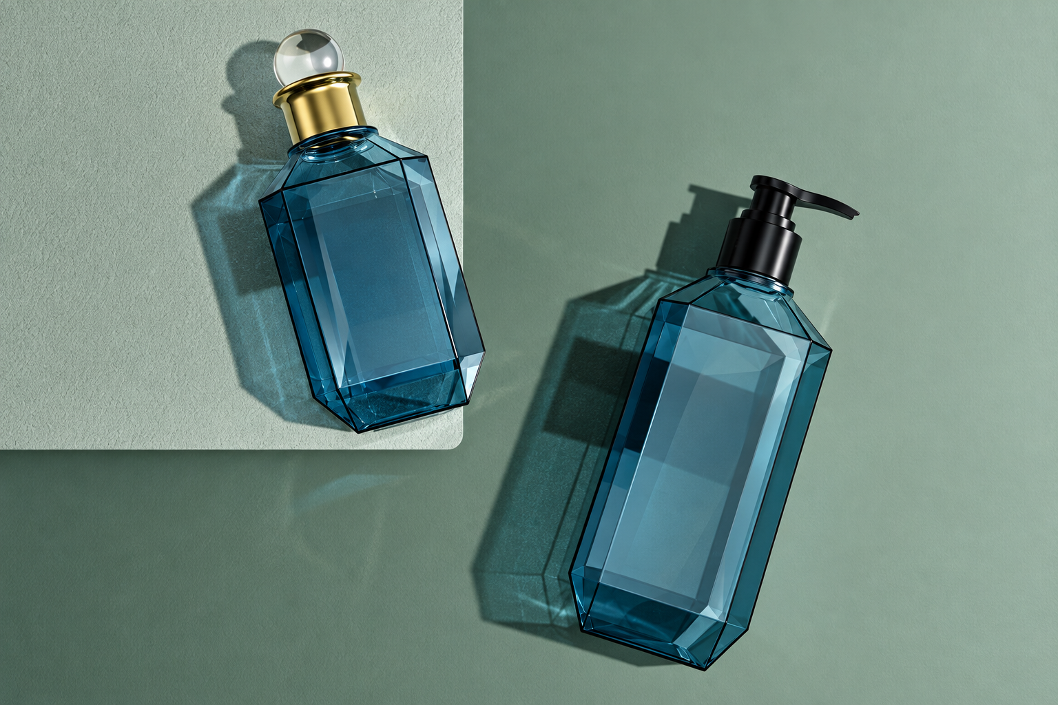 Two faceted jewel blue bottles with stopper and pump closures