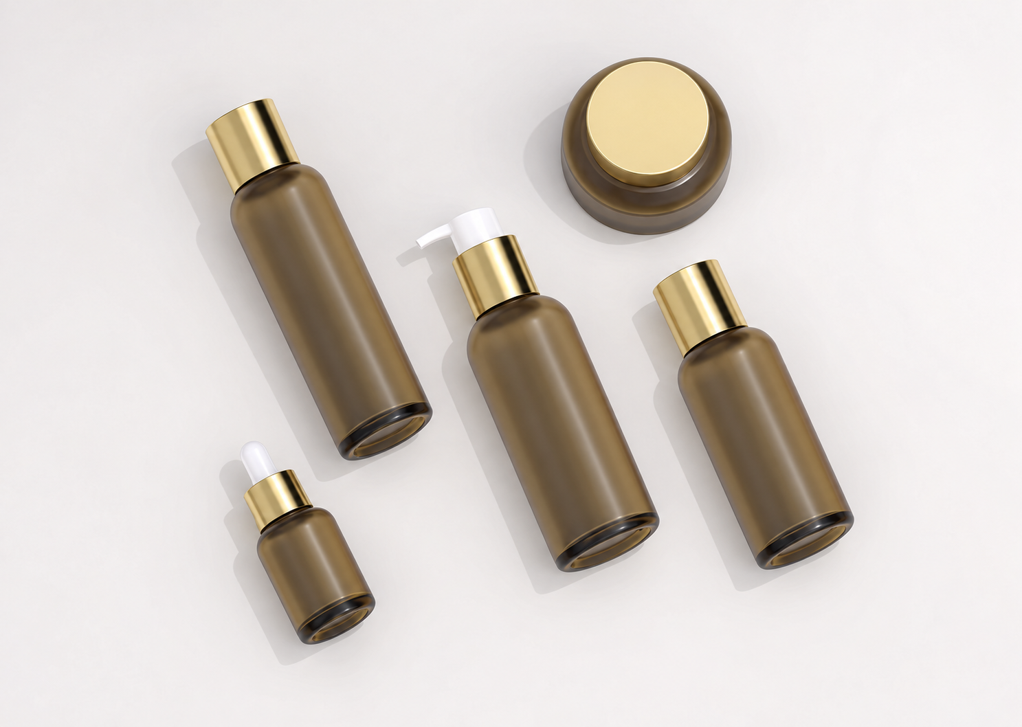 Olive smoke round-shoulder skincare bottles and jar