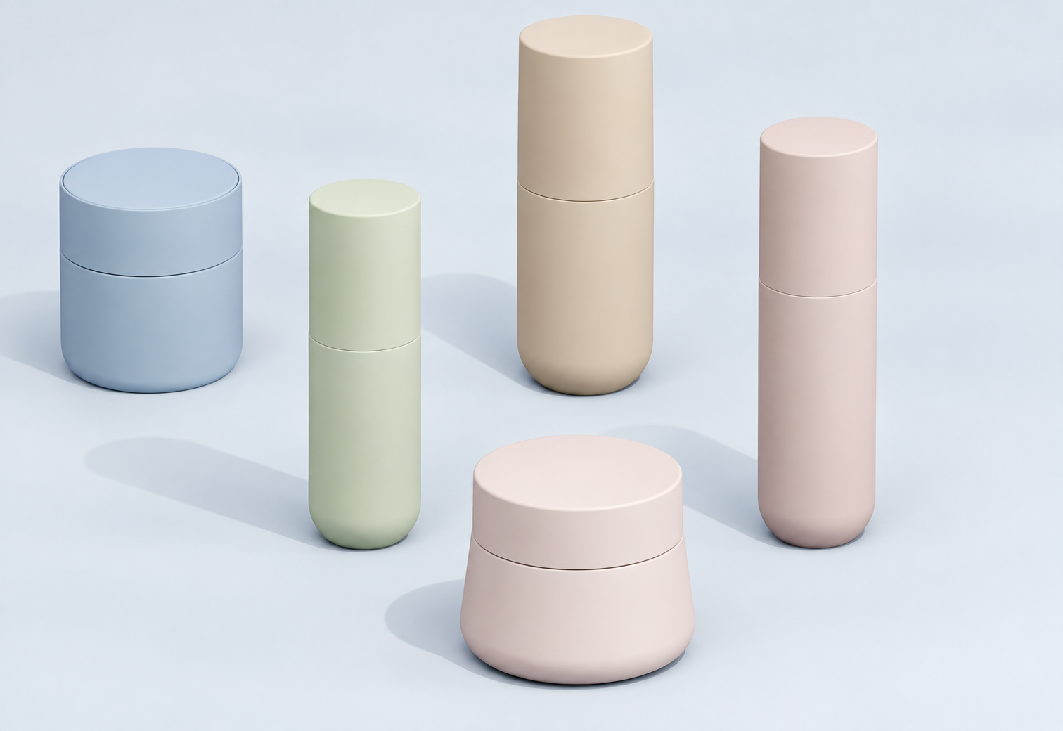 Pastel cylindrical round-bottom skincare containers