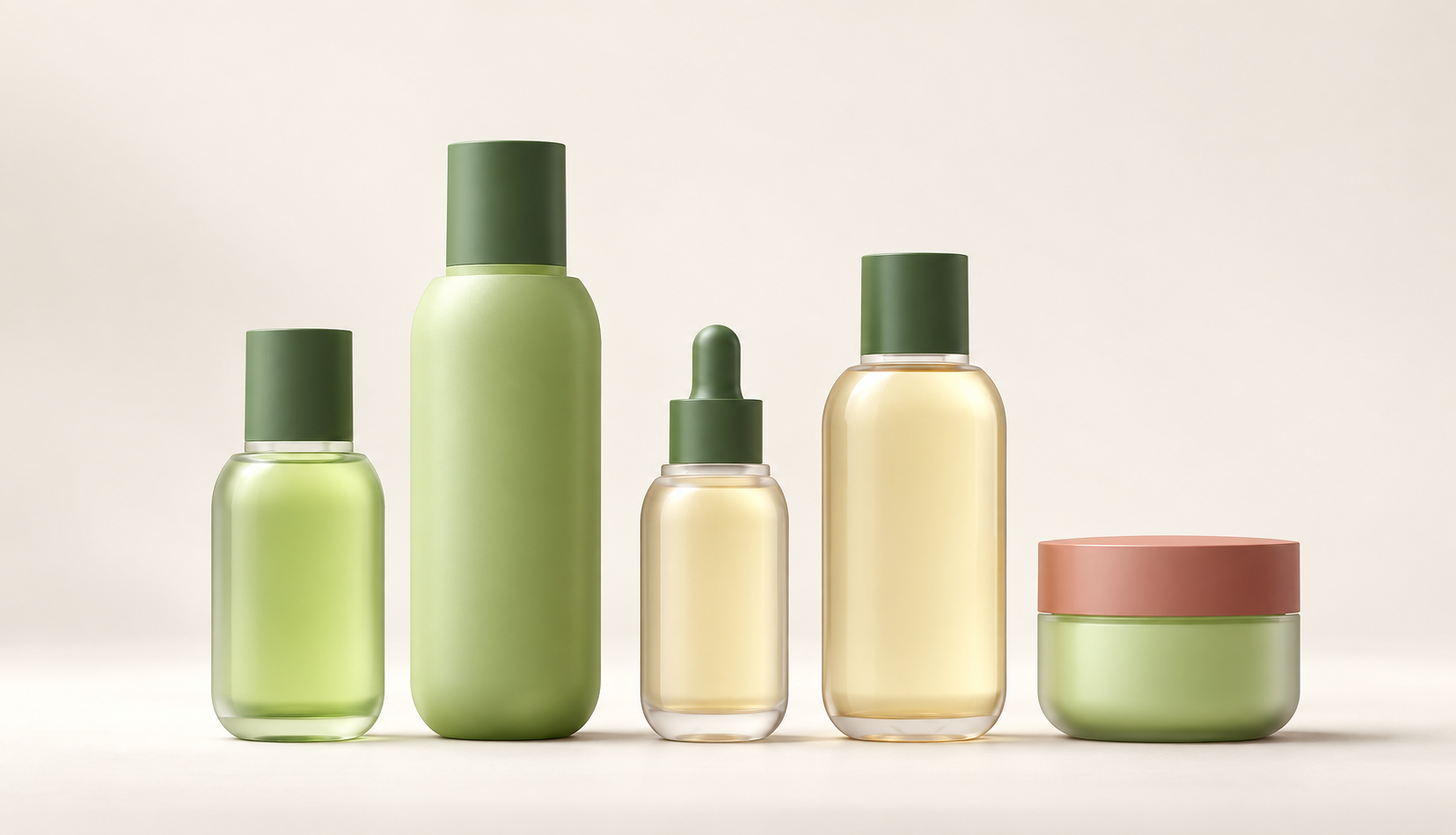 Green round-shoulder bottles and jar with dark caps