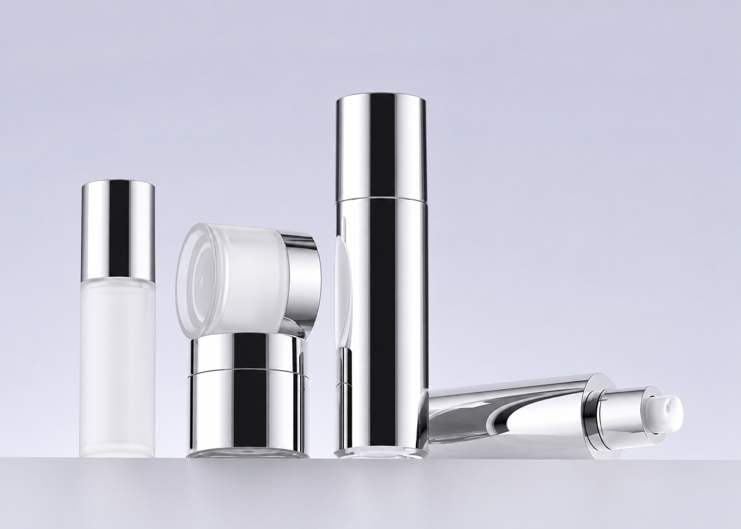 White and chrome cylindrical skincare packaging